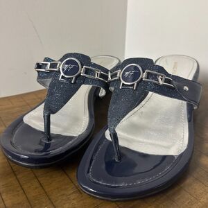 Marc Fisher Navy Blue Glitter Wedge Thong Sandals Womens Size 10 Summer